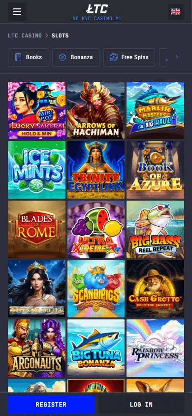 LTC Casino games lobby on a mobile device