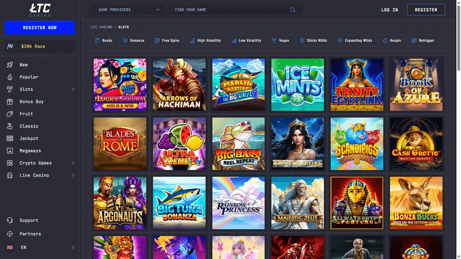 LTC Casino games lobby on desktop