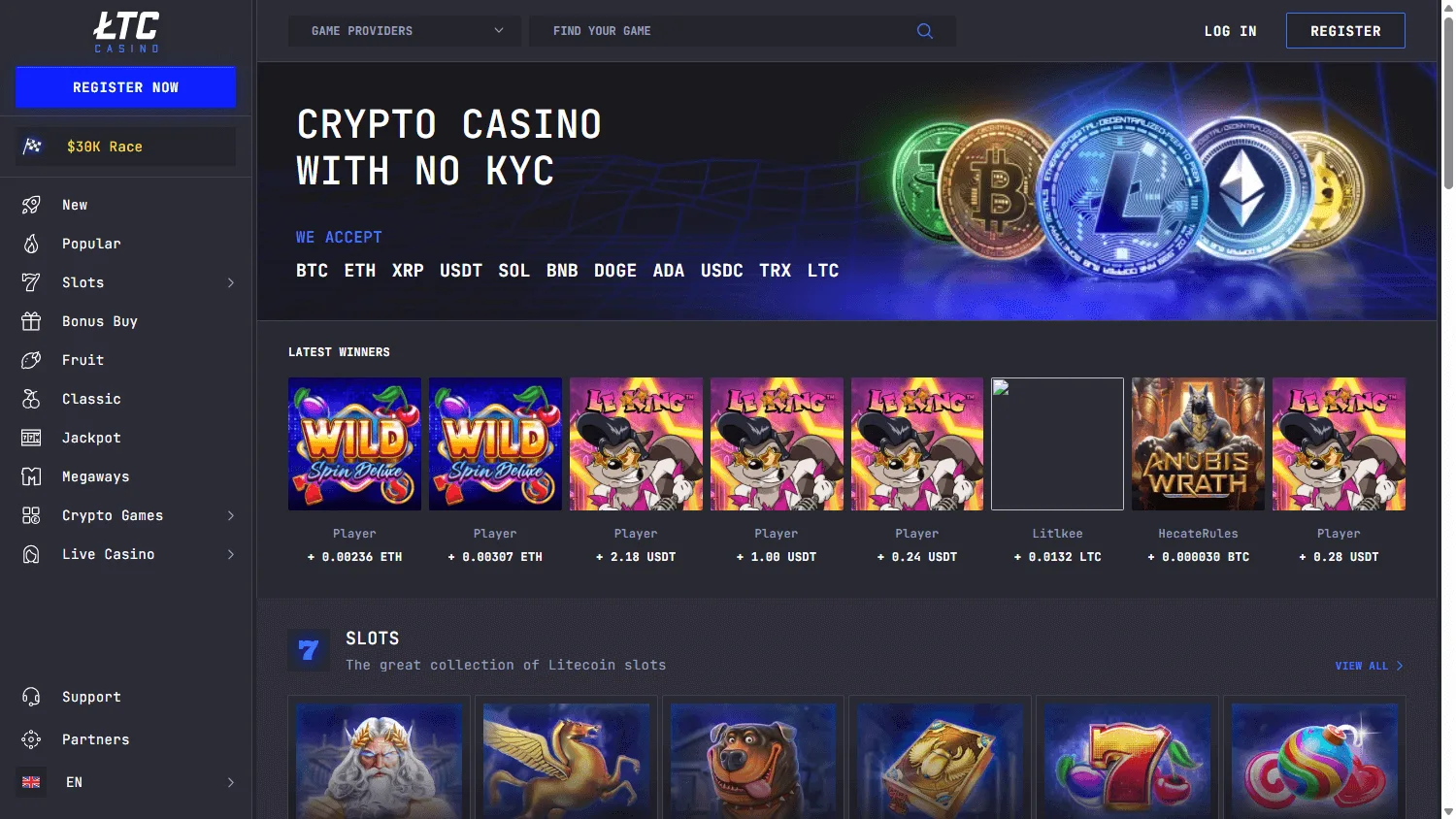LTC Casino home screen on desktop