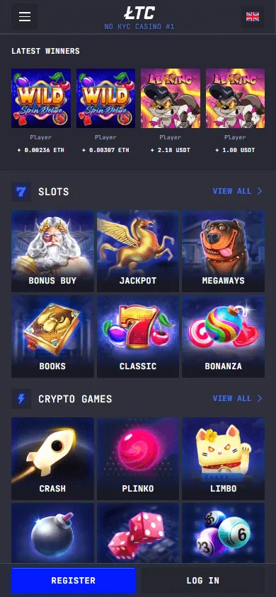 LTC Casino home screen on a mobile device